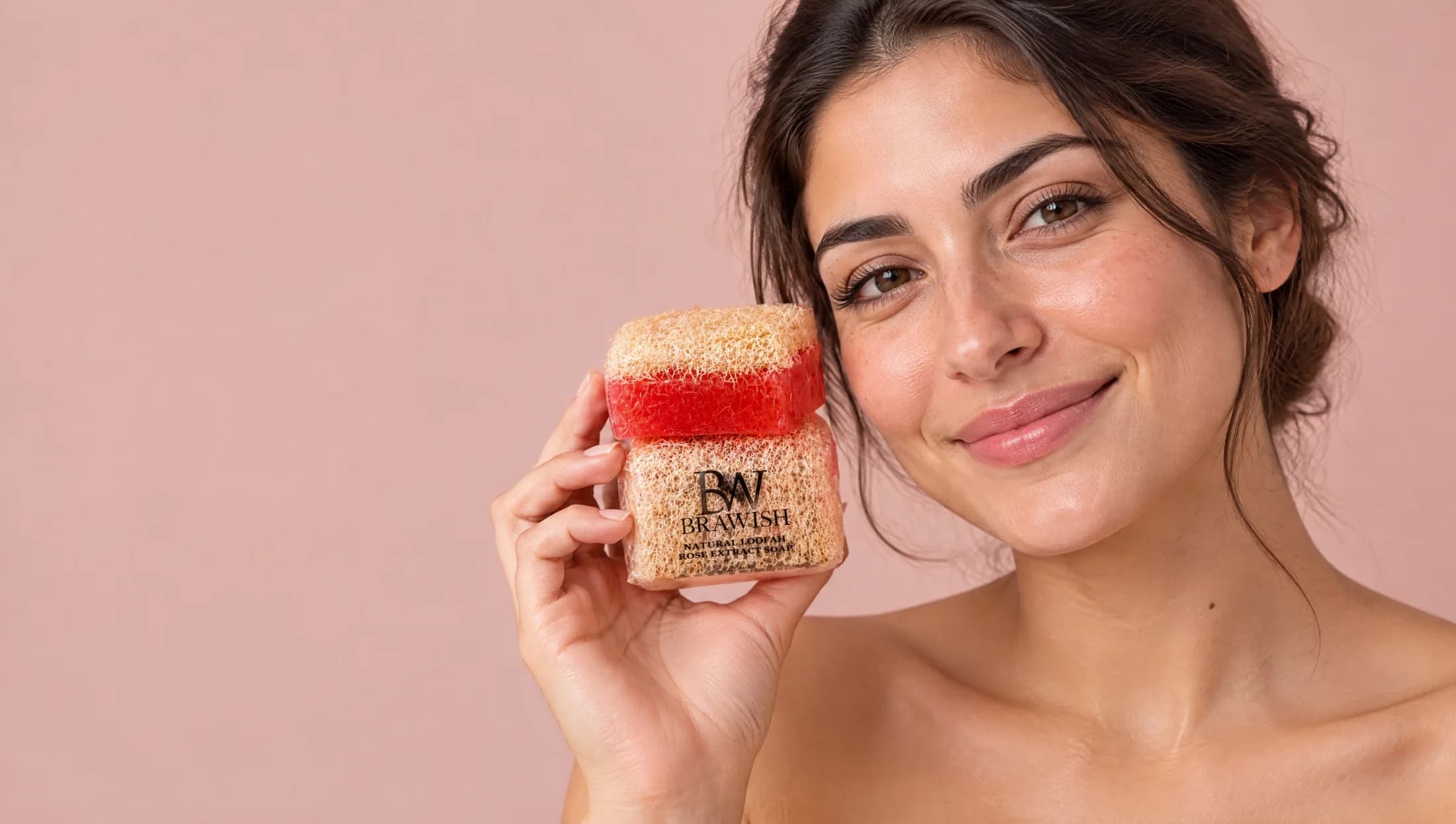 Woman holding a Brawish Turkish Rose loofah soap